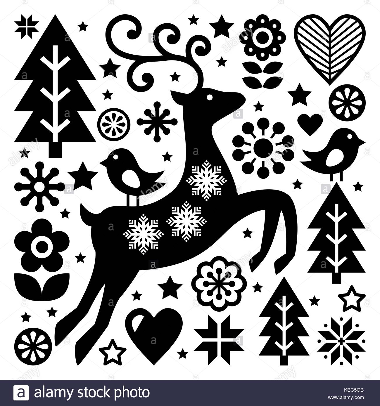 Natale In Bianco E Nero Folk Disegno Vettoriale Scandinavian